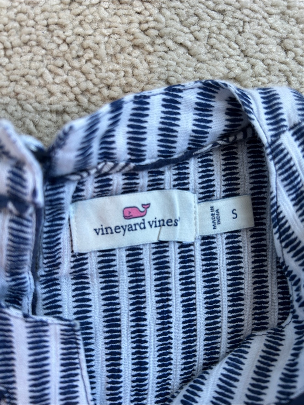 Vineyard Vines Navy Leaf Print Tiered Tunic Dress with Striped Trim, EUC, S - Picture 3 of 3